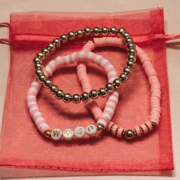 WWJD Pink & Gold Pastel Clay Christian Faith Jewelry Jesus Bracelet Heishi Style - Picture 4 of 8